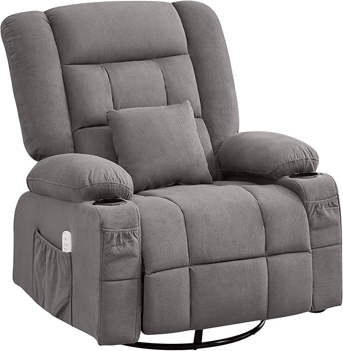 Massage Swivel Rocker Recliner Chair with Vibration Massage and Heat Ergonomic Lounge Chair for Living Room with USB Charge Port and Side Pocket Rocking Function (Light Grey)