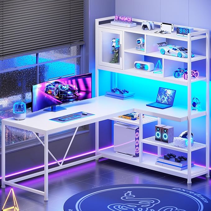 SEDETA L Shaped Computer Desk 58'' Office Desk with LED Light and Bookshelf L Shaped Corner Desk with Storage Shelves for Home Office Gaming Desk L Desk White