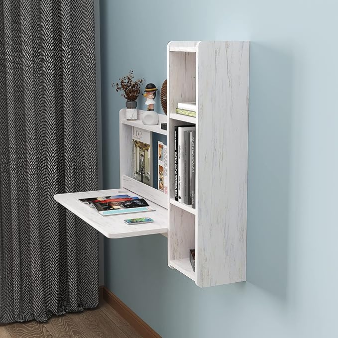 Pmnianhua Floating Desk41'' Wall Mounted DeskFold Down Laptop DeskFolding WorkstationSpace Saving Table with Storage for Bedroom Study Room Small Space (Off White-Left)