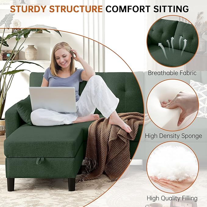 Sectional U Shape Sofa with Storage 100 U Shaped 4 Seater Couch with 2 Movable Ottoman Chaises Polyester Fibre for Living Room Green