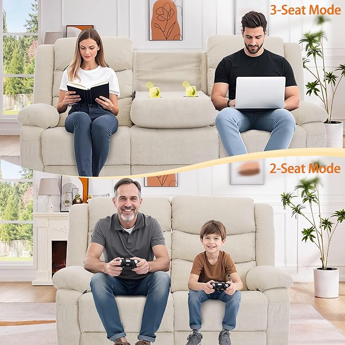 Recliner Sofa Reclining Loveseat with Console Oversized Reclining Couch with Drop Down Table 3-Seater Sofa with Cup Holder and Recessed Power Strip Beige