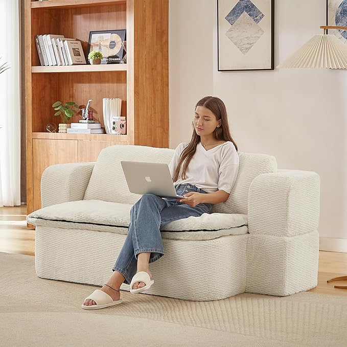 Convertible Folding Sofa Bed 75 Futon Floor Couch Modular Sleeper Loveseat Sectional Couches Boneless Cloud Plush Fluffy Fabric for Living Room Guest Room No Assembly Required Beige