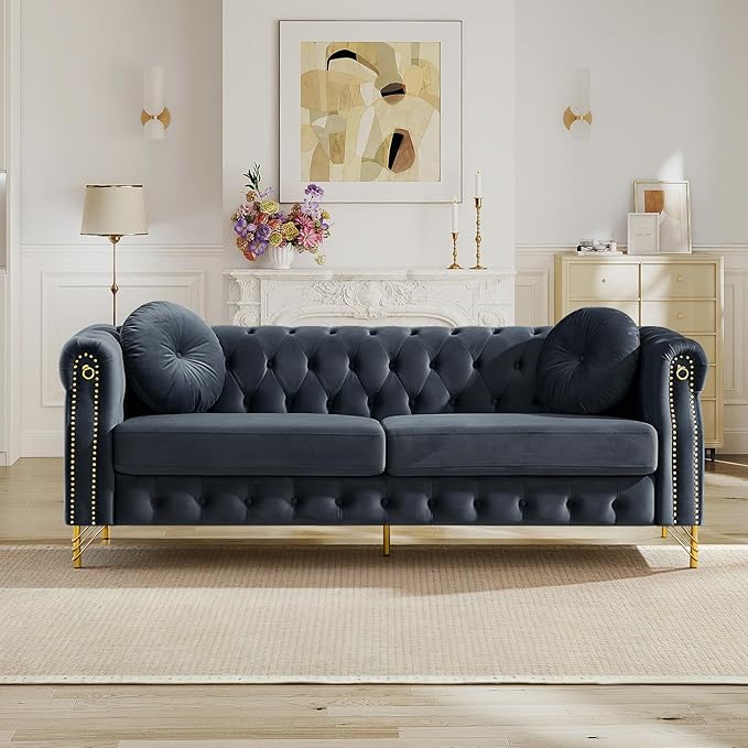 Mid Century Modern Chesterfield Couch Velvet Sofa with Button Tufted &amp Rivet Upholstered Comfy Sofa with Armrest Ring &amp Gold Leg Cozy Cloud 3-Seater Couch for Living Room(82 W Black)