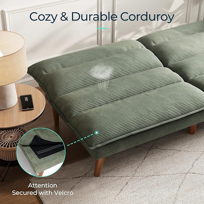 LINSY Futon Sofa Bed: Corduroy Futon Couch with Adjustable Backrest Comfy Loveseat Convertible Folding Sleeper Sofa Couches for Small Spaces Living Rooms Apartment Office Green