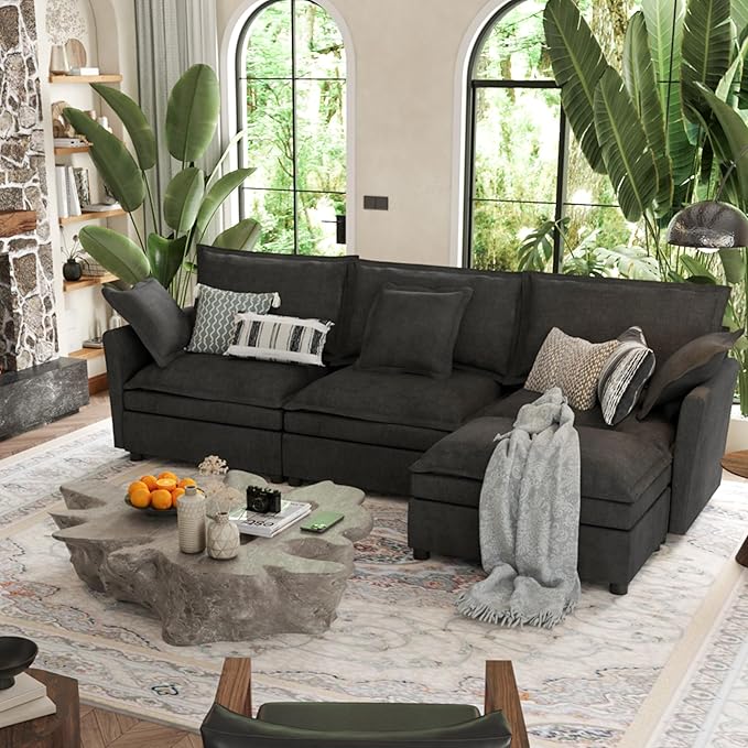 112 Inch Dark Grey Cloud Sectional Couch - Wide Pillow Edge Chenille Comfy Upholstered 3 Seater Modular Sofa with Ottoman L Shaped Couches for Living Room Apartment Office