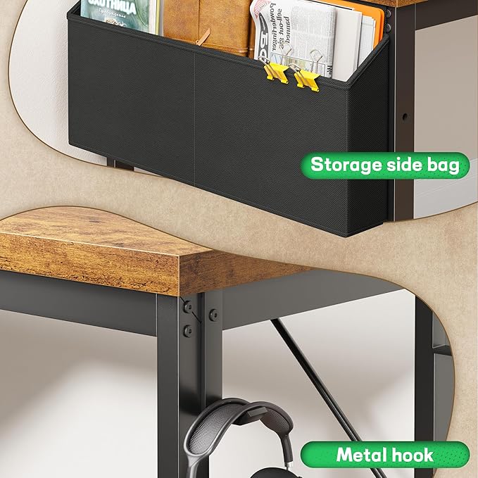 L Shaped Desk with 0.95 Inch Thicker Desktop &amp Storage Bag Computer Desk with Power Outlets &amp Lights Reversible Gaming Desk for Home Office Corner Desk Study Room Living Bedroom Brown