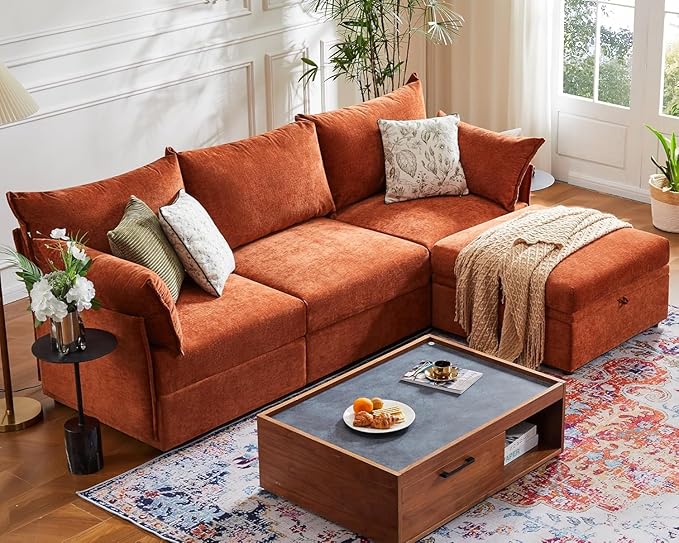 ABCASA L-Shaped 4-Seater Modular Sectional Sofa with Movable Storage Ottoman Comfy Cloud Couch Set in Terracotta Orange Chenille for Living Room