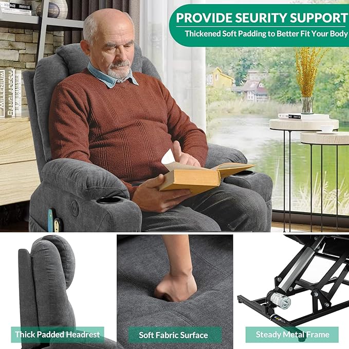 VIVIJASON Power Lift Chair Electric Recliner for Elderly Heated Vibration Massage Fabric Recliner Chair with 2 Remote Controls Cup Holders Side Pockets &amp USB Ports for Living Room (Grey)