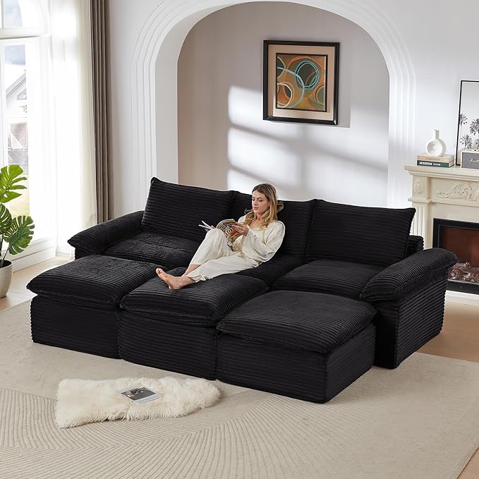 Modular 2-in-1 Sofa Bed &amp Ottoman Set - Corduroy Boneless Cloud-Like Living Room (Black Sofa Bed-3 Seaters+3 Ottomans)