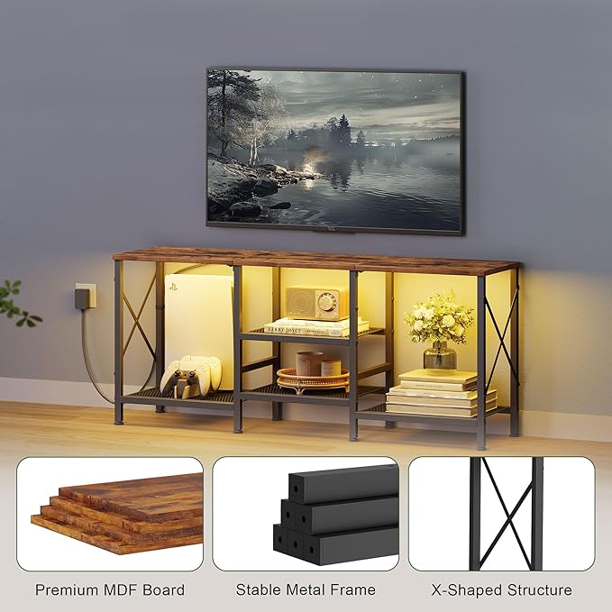 TV Stand with LED Lights for 55 Inch TV Entertainment Center with 3-Tier Open Shelves TV Console Table for Living Room Bedroom Rustic Brown