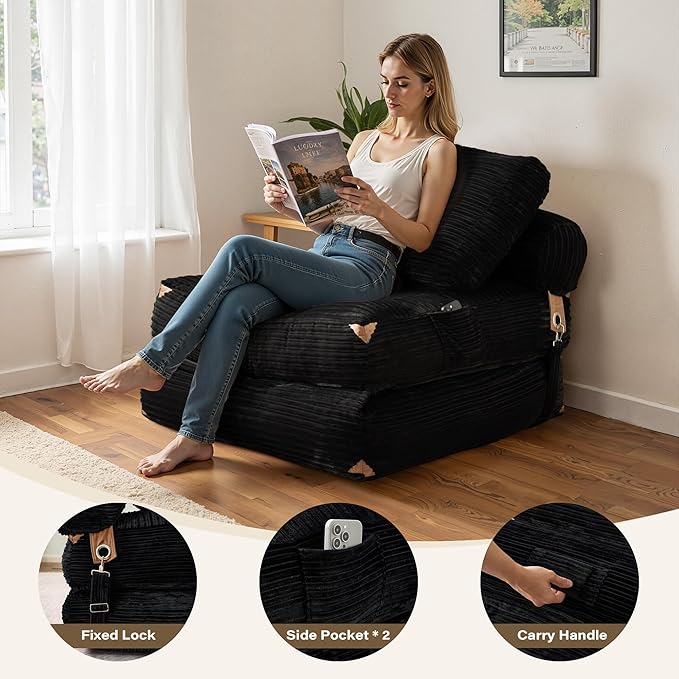 75''Foldable Sofa BedBlack Convertible Folding Sleeper Chair BedFoldable Single Sofa Foam Filling Couch with Pillow Comfy Corduroy Lazy Floor Sofa for Small Room Living Room Bedroom Apartment