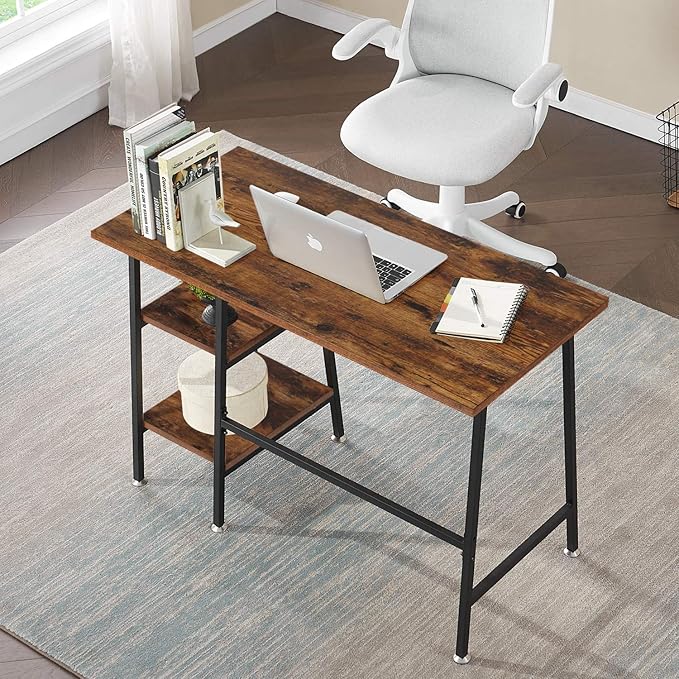 VECELO 43 Inch Computer Desk Home Office Classic Walnut Study Desk Work Office Table with Shelves Wooden Desk for Bedroom
