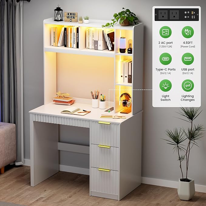 HNEBC Home Office Desk with Hutch and Drawers - 39 Standing Computer Desk with Charging Station&amp3 Color LightsHidden Compartment &amp Fluted Panel Design LED Writing Desk for Bedroom Study (W