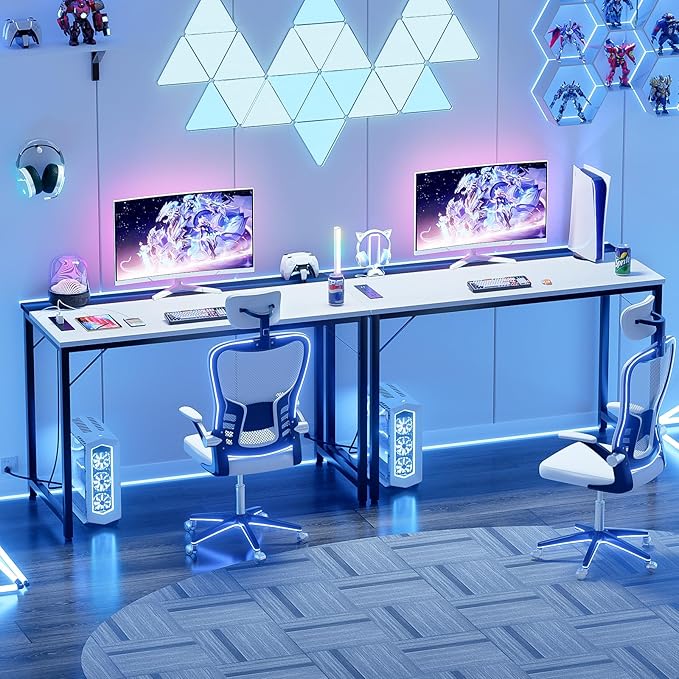 55 Inch Computer Desks with Power Outlets and USB Charging Ports Modern Office Desk for Small Spaces Sturdy Laptop PC Gaming Writing Table for Students White and Black