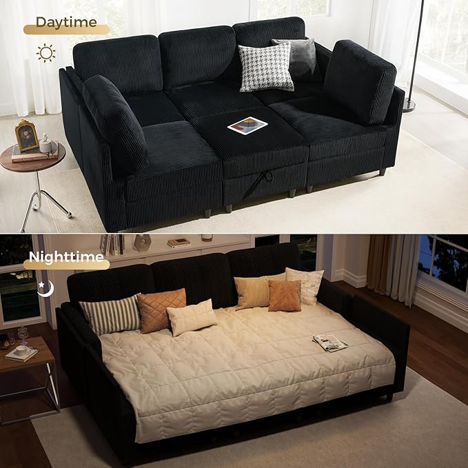 KKL Modular Sectional Sofa Bed - Sofa Couch with Storage Ottoman Convertible L/U-Shaped Sleeper Couch for Living Room Modern Reversible Design Black
