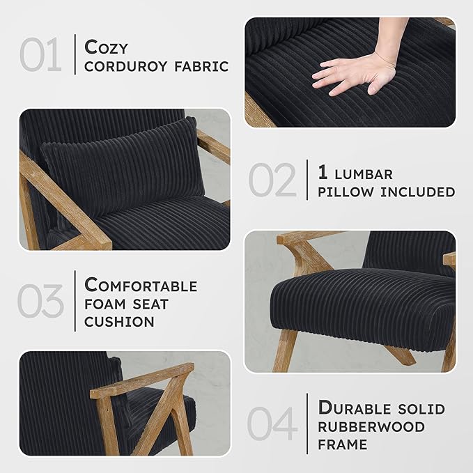 Lexicon Mid Century Modern Accent-Chair with Lumbar Pillow Brown Solid Wood Frame Comfy Corduroy Upholstered Lounge Arm Chair for Living Room/Bedroom/Office/Reading Nook Assembly Required Black
