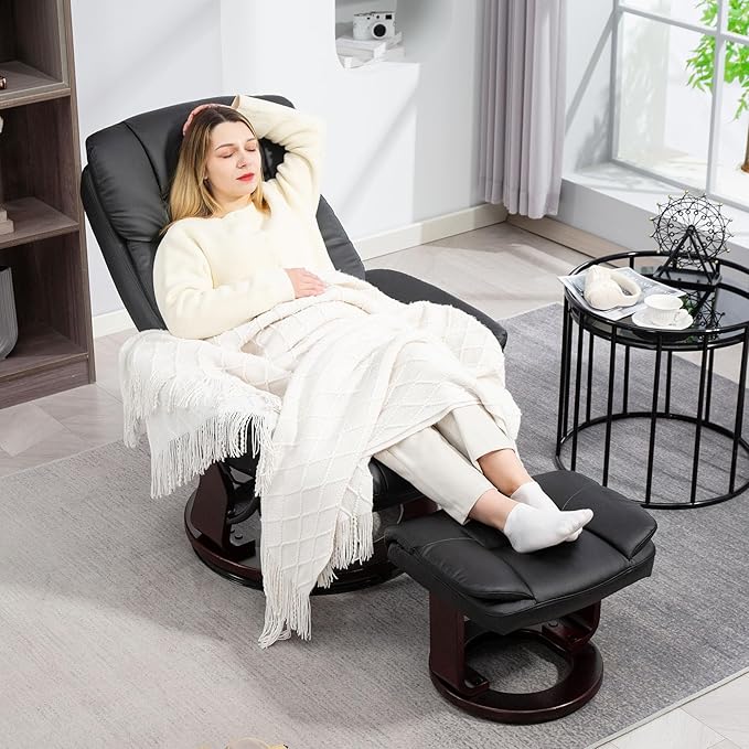 HOMCOM Recliner Chair with Ottoman PU Leather Swivel Recliner with Comfy Footrest Upholstered Adjustable Living Room Chair and Ottoman Set Black