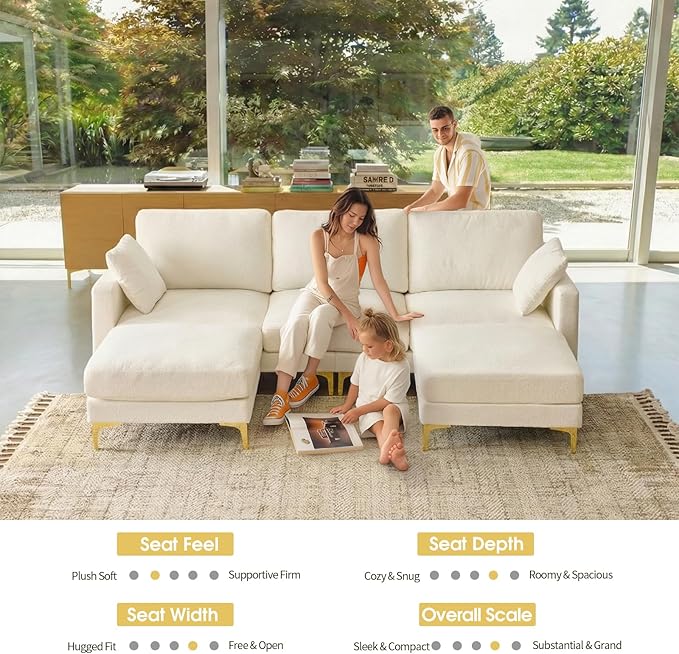 VINGLI 100 W U Shaped Couch with Ottoman 22 Deep Seat Comfortable Sectional Couches for Living Room 3 Seater Chenille Fabric Cloud Sofa for Apartment Small Spaces Bedroom Beige