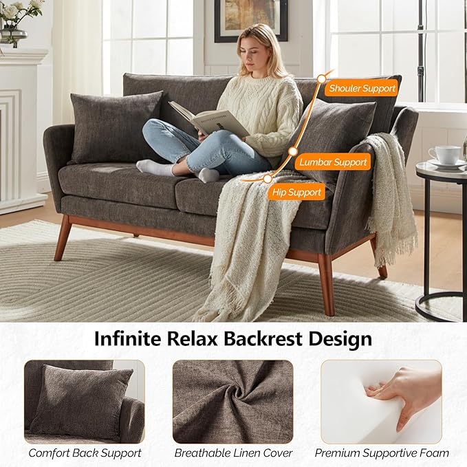 VINGLI 63.5 W Comfy Small Upholstery Love Seat Couch with Soild Rubber Wood Frame 2 Seater Mid Century Linen Fabric Loveseat Sofa Mini Couch with Two Pillows for Small Spaces Bedroom Brown