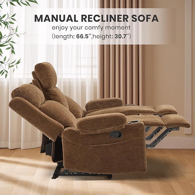 75'' Manual Reclining Sofa with Storage Drawer 3 Seat Wall Hugger Recliner Couch with Cup Holders Side Pockets Chenille Fabric Compact 3-Person Recliner for RV Living Room Apartment (Brown)