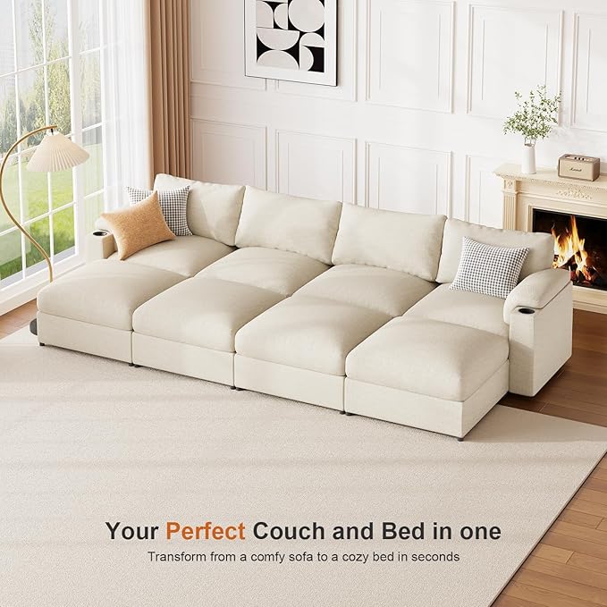 Sectional Couches for Living Room FSC Certified Velvet Modular Couch Oversized Cloud U Shaped Convertible Sleeper Sofa Chaise Detachable Armrest Cushio (Chenille Beige U Shape 8 Seat)