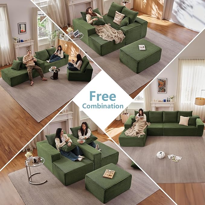 135.4 Cloud Sectional Couch with L-Shape Chaise Modern Corduroy Boneless Couch for Living RoomMemory Foam Sofa with Deep SeatNo Assembly Required (GreenLeft-Facing Chaise)
