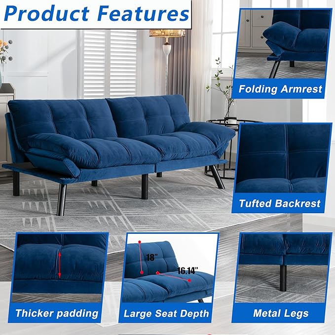 71 Velvet Futon Couch Bed with Mattress IncludedConvertible Folding Sleeper Sofa Bed with Adjustable BackrestsModern Loveseat Sleeper for Living Room Bedroom Small Space Home Office (Blue)