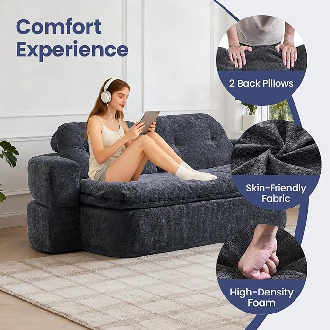 78.74 Convertible Sofa Bed Folding Loveseat Sleeper Sofa 2 in 1 Chenille Floor Couch Bed Foam Compressed Sofa with Pillows &amp Blanket for Living Room Apartment Studio Office (Grey)