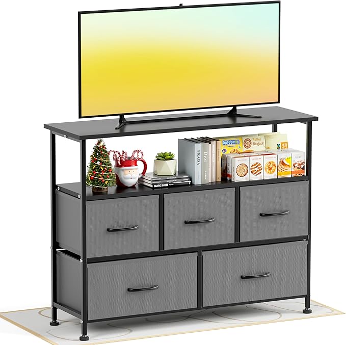 Simple Deluxe TV Stand Dresser for Bedroom Entertainment Center with 5 Fabric Drawers Storage Organizers Units for Living Room Media Console Table with Open Shelf up for 45 TV Gray Wood top