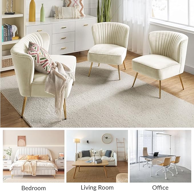 HULALA Home 3 Piece Velvet Living Room Furniture Set Modern Comfy Upholstered Chair Set with Golden Legs Include Loveseat &amp 2 Accent Chairs for Bedroom Ivory Tufted 2-Seater Sofa &amp Armless