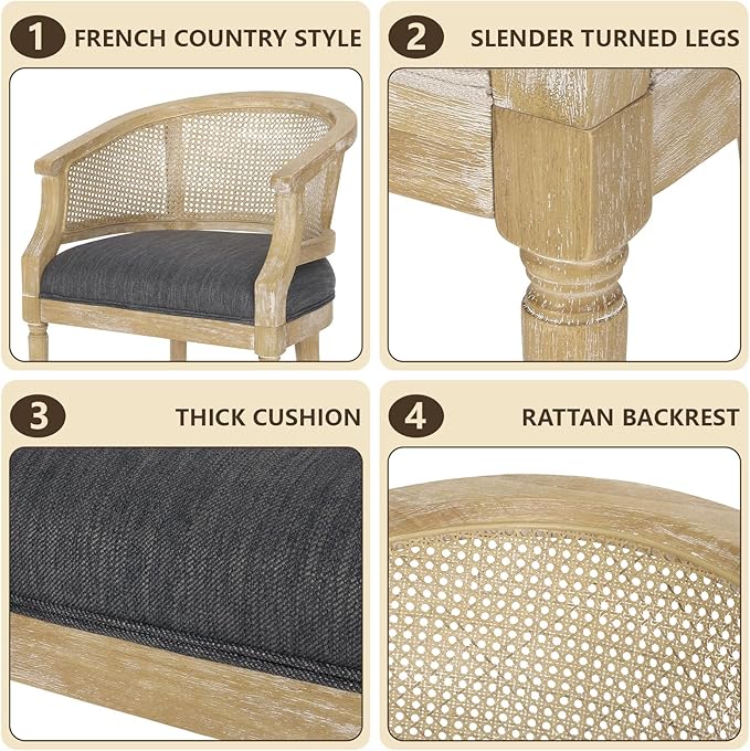 French Country Accent Chair for Living Room Mid Century Modern Reading Armchair with Cushion and Slender Turned Legs Single Sofa Chair with Rattan Backrest for Bedroom Club Charcoal