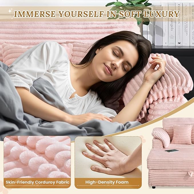 Oversized Chaise Lounge Chair with Storage Ottoman &amp USB Ports Fluffy Corduroy Cloud Couch Sleeper Sofa Bed with Arm Rest Comfy Overstuffed Sofa Chair Set for Living Room Bedroom (Pink)