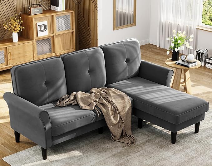 83 Sectional Couch Velvet L-Shaped Couch 3 Seater Sectional Couches for Living Room Comfy Fluffy Deep Seat Loveseat Modular Sectional Sofa with Ottoman for Apartment Office Grey