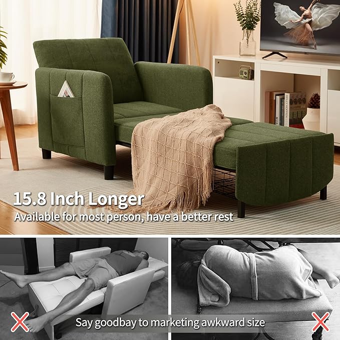Sleeper Chair 84 Extra Long Convertible Chair Bed Upgraded 3-in-1 to 4-in-1 Pull Out Chair &amp Single Sofa Bed for Adult Sleeping Chair for Living Room Small Space (Modern Green)