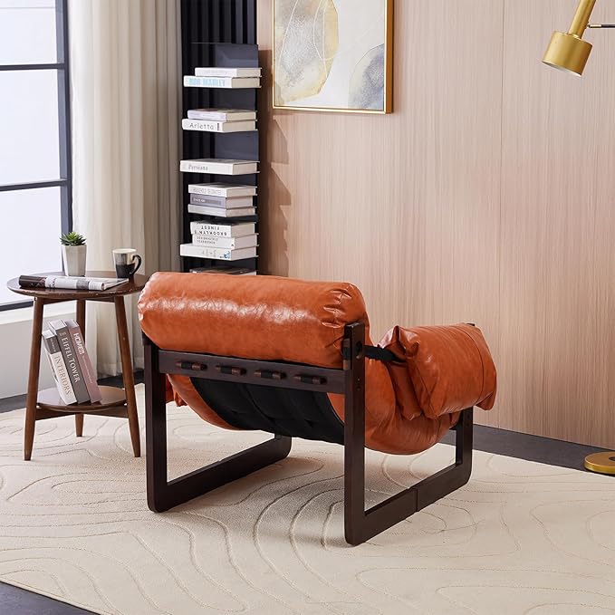 Mid-Century Modern Accent Chair Oil Waxed Leather Lounge Chair with Thicked Cushion &amp Removable Armrests Upholstered Cozy Armchair Cloud Sofa Chairs for Living Room Bedroom Apartment(Orange)