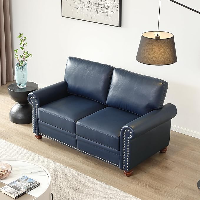 59 Faux Leather Pu Loveseat Underseat Storage Classic Love Seat Couch Elegance 2 Seat with Rolled Armrests Nailhead Trim Wood Legs Traditional Living Room Accent Sofa 2 Seat-Navy Blue
