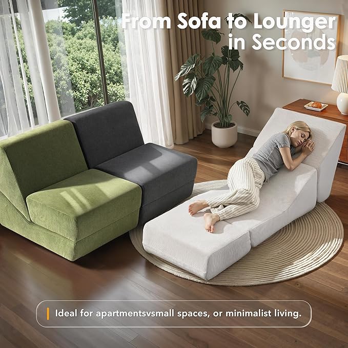 Folding Sofa Bed Convertible Sleeper Chair with Back Support Multifunctional Chaise Lounge Chair Corduroy Single Floor Couch for Small Space Apartment Dorm Office White