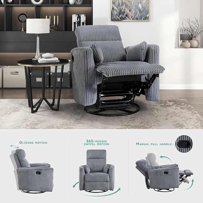 Lexicon Modern Swivel Glider Recliner Chair Nursery Glider Corduroy Fabric Upholstery Recliner with 2 Lumbar Pillows Manual Reclining Sofa Chair for Living Room/Office/Apartment Grey