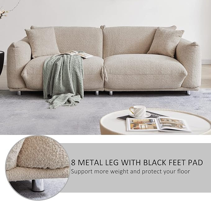 Hison Deep Seat Lambswool Sofa with 2 Pillows86 Inch Modern Sherpa Sofa with Solid Wood Frame 3 Seater Upholstered Couches Comfy Sofa for Living Room Apartment Office Camel