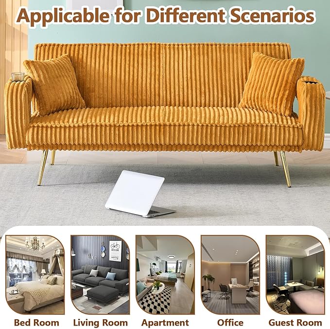 70 Beige Futon Couch Bed Sofa Comfortable Futon Loveseat with Cupholders &amp Arms Convertible Fouton Sofas with Adjustable Backrest &amp Pockets for Small Spaces Living Room Bedroom Dorm (Orange