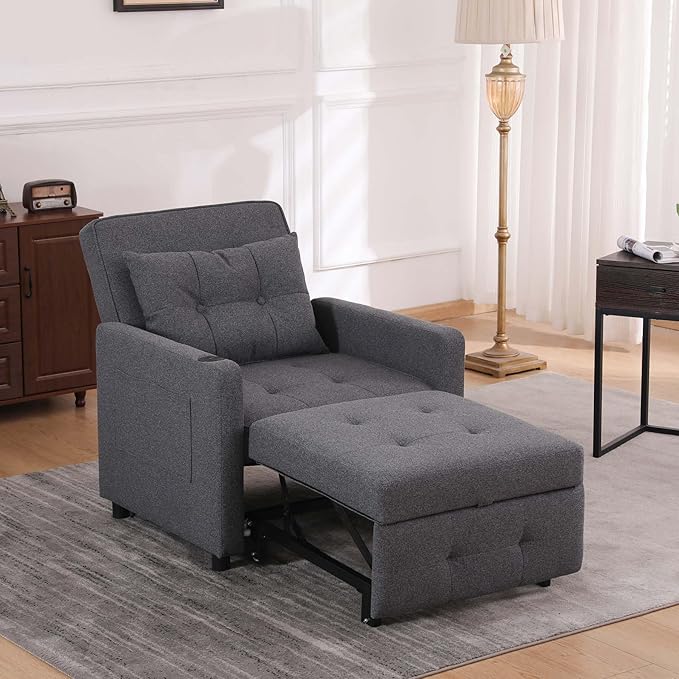 Convertible Chair Bed Sleeper for Adults 3 in 1 Sofa Beds Chair with USB Bedroom Sleeper Chair Pull Out Bed with Adjustable Back &amp Pocket Fabric Chair That Turns Into Beds for Living Room (Grey
