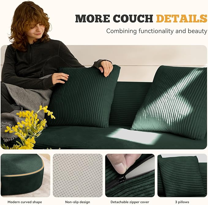 126 Curved Modular Sectional Sofa Modern Cloud Couch with Deep Seat Upholstered Oversized Boneless Couches for Living Room No Assembly Required Green Corduroy Fabric 1 PCS