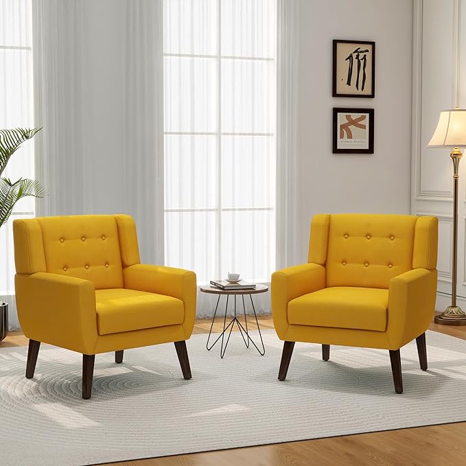 Accent Chair Mid-Century Modern Fabric Chairs with Arms for Living Room Comfy Upholstered Club Single Sofa Armchair for Bedroom Waiting Room with Solid Wood Frame (Fabric Yellow Set of 2)