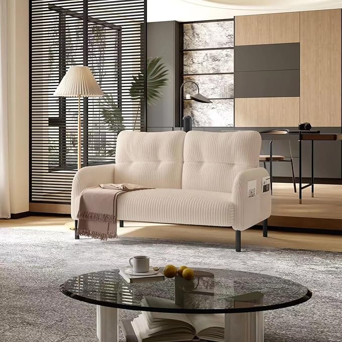 Beige Small Loveseat Couch for Small Spaces Corduroy Upholstered Love Seat Sofa with Side Storage Bags Comfy Mini Couch with Wooden Legs for Bedroom Living Room Apartment and Office (Beige)