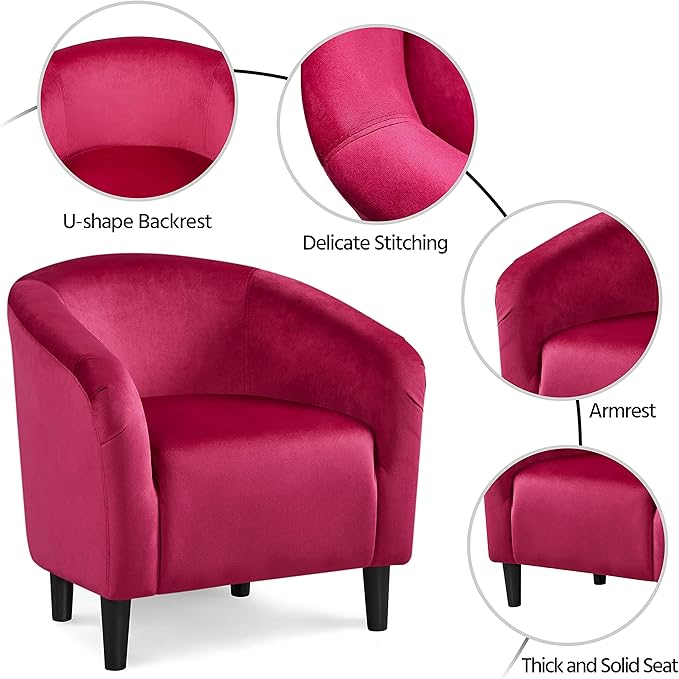Yaheetech Club Chair Velvet Accent Chair Upholstered Barrel Chair Sitting Chair with Armrest and Low Back for Living Room Bedroom Rose Red