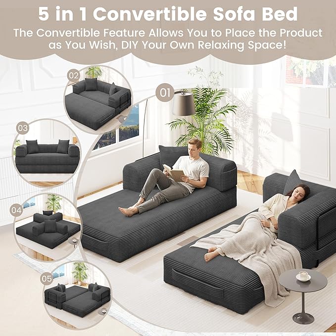 80 Convertible Sofa Bed 5 in 1 Modular Boneless Couch Sleeper Sofa Bed with Fixed Frame &amp Removable Backrest Pillow Washable Corduroy Futon Sofa Bed Couch in a Box for Small Spaces Dark Grey