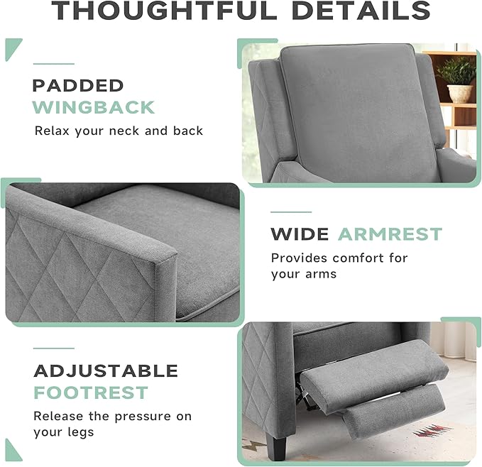 AVAWING Push Back Recliner Chair Set Mid-Century Modern Accent Chair with Adjustable Footrest Small Wingback Chair for Living Room Bedroom Study Room Grey
