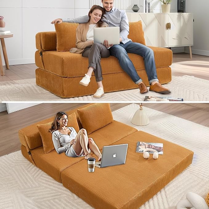 55 Convertible Folding Sofa Bed with 2 Pillows Corduroy Foldable Sleeper Sofa for Adult Floor Couch Bed for Living Room Bedroom No Assembly(Yellow)
