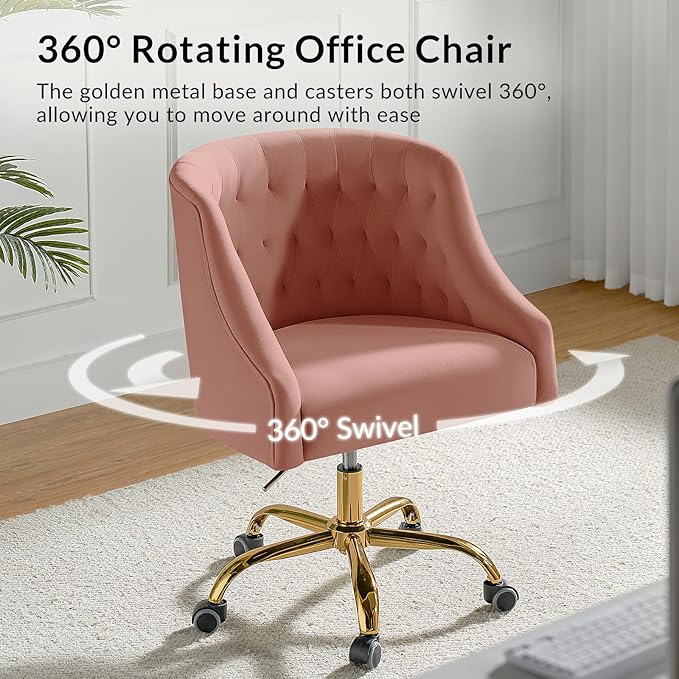 Velvet Office Chair with Gold Base Modern Cute Desk Chair Comfortable Adjustable Swivel Task Chair for Home Office Living Room Bedroom Vanity Study