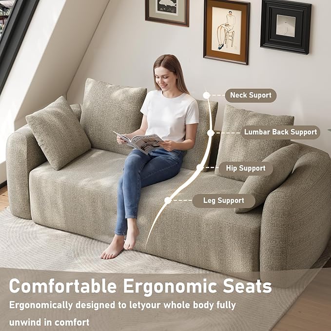 101 Curved Sofa Cloud Couch for Living Room Comfy Chenille 3-Seater Boneless Sofa Extra Deep &amp Wide Seat with 5 Throw Pillows No Assembly Needed Camel